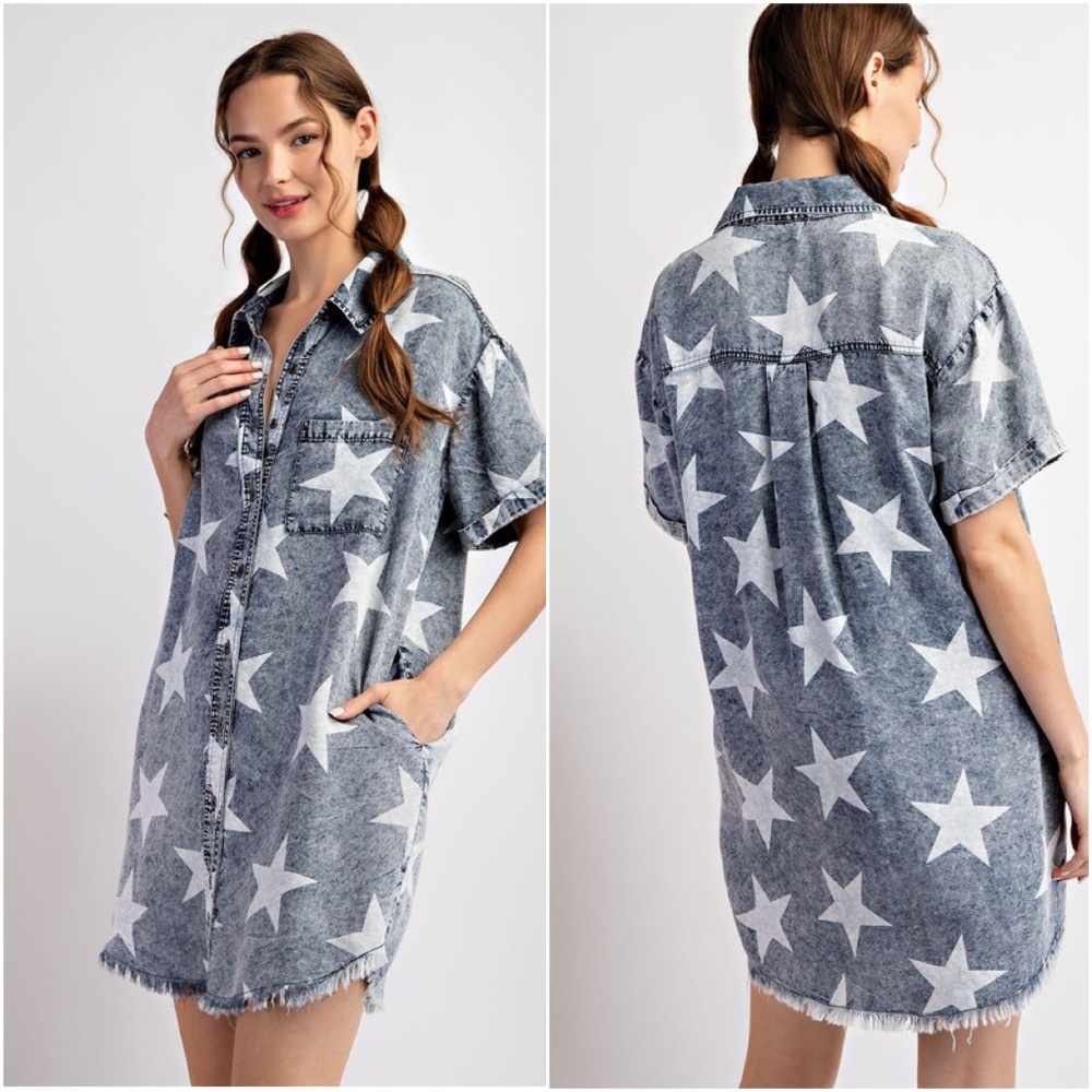 Star Print Denim Shirt Dress - Blue - Picture 3 of 12